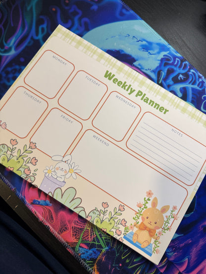 Green Plaid Kawaii Bunnies Tear-off Weekly Desk Planner Pad (11x8")