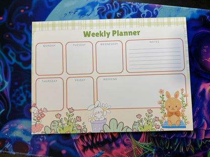 Green Plaid Kawaii Bunnies Tear-off Weekly Desk Planner Pad (11x8")