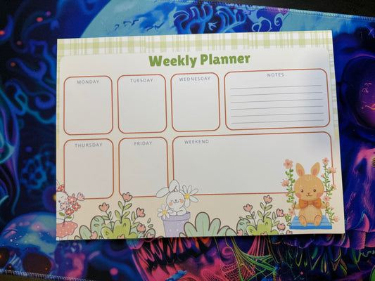 Green Plaid Kawaii Bunnies Tear-off Weekly Desk Planner Pad (11x8")