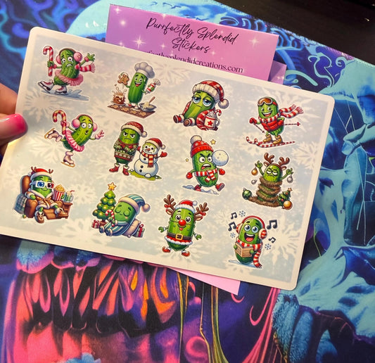 Christmas Pickle Sticker Sheet, Holiday Cartoon