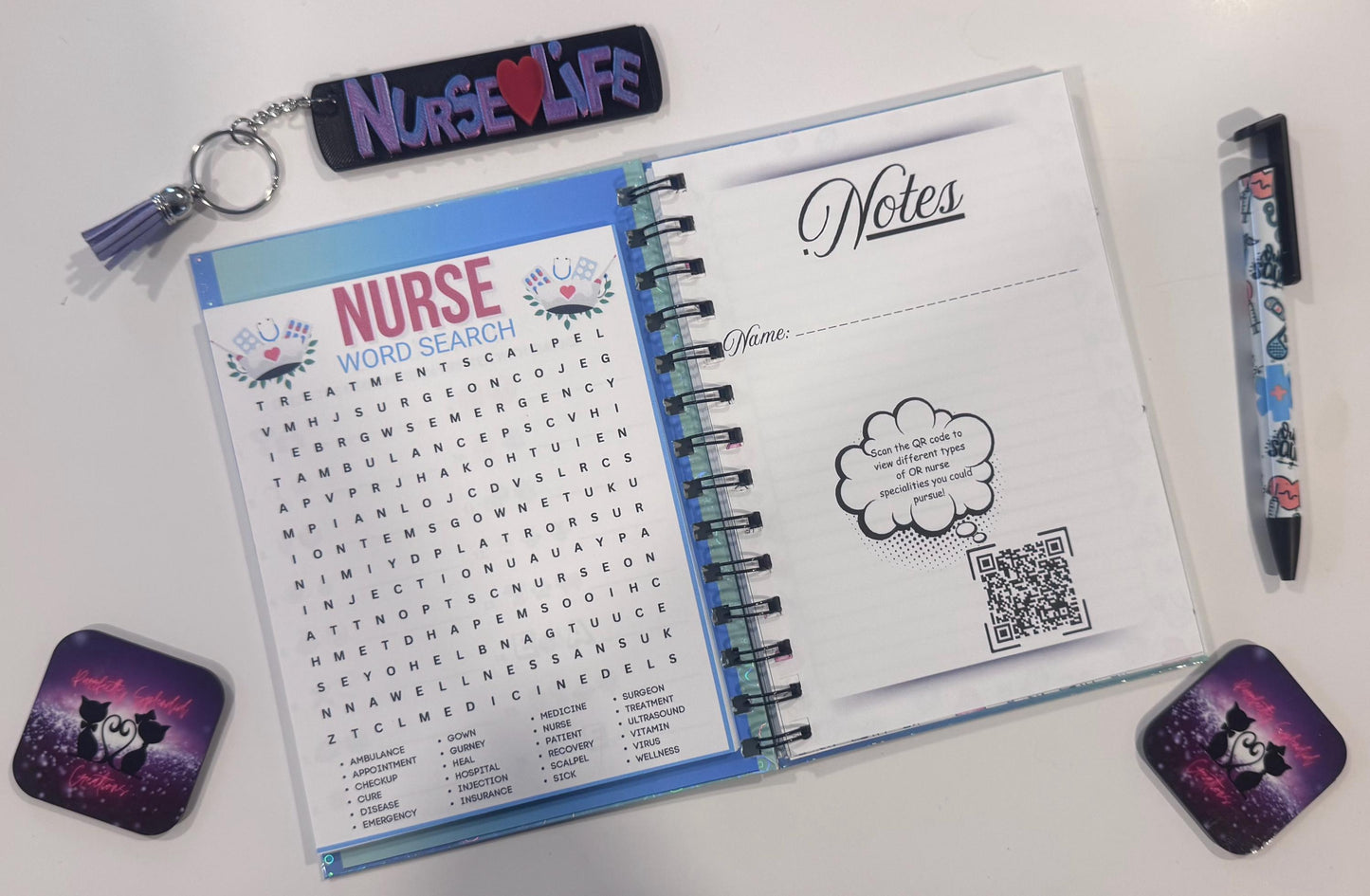 "RN", Notebook, Nursing, Pen, Keychain, Bundle Pack, Nursing Activity Book Inside