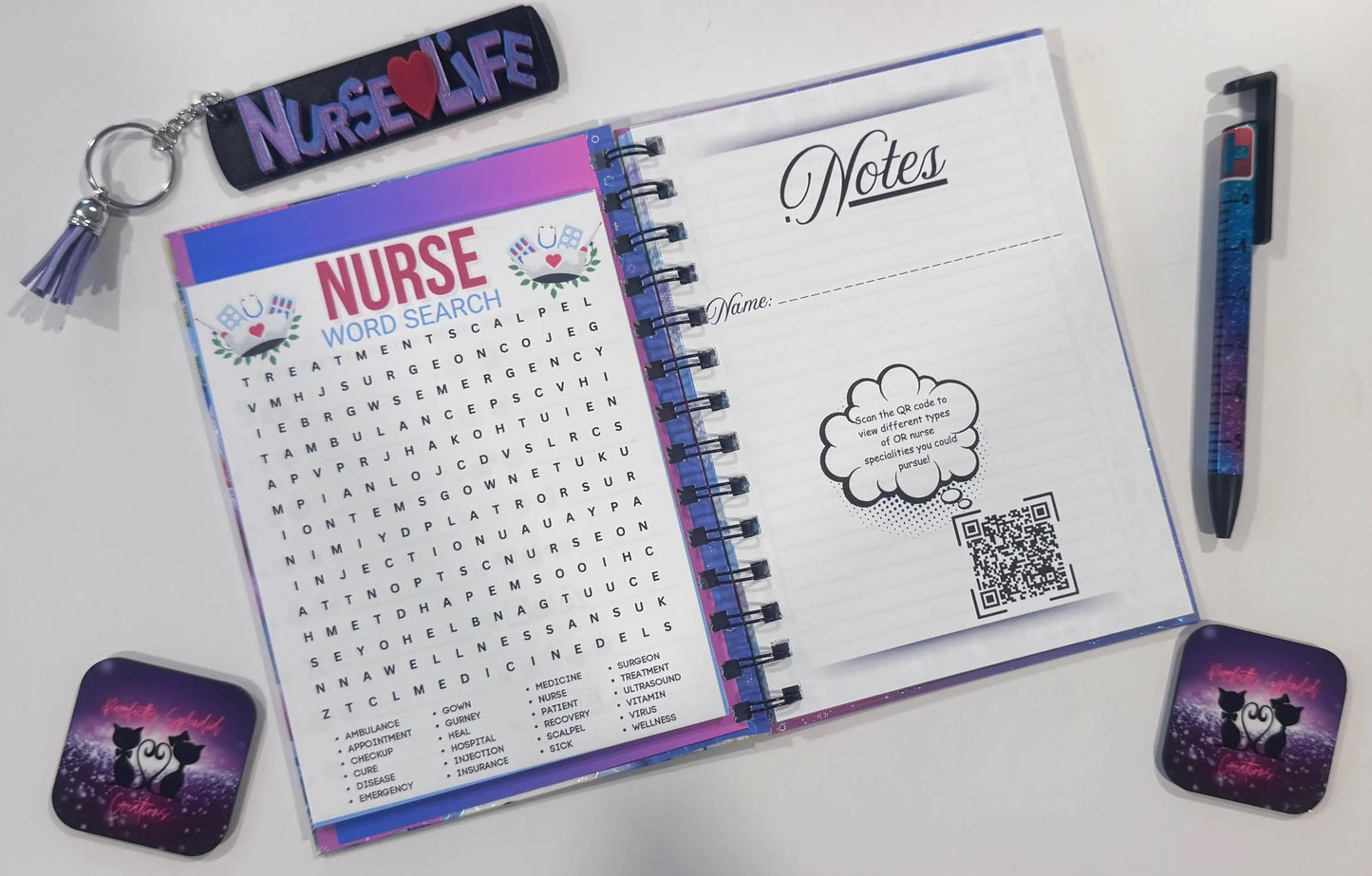 Notebook, Nursing, Keychain, Pen, Bundle Pack, Nursing Activity Book Inside