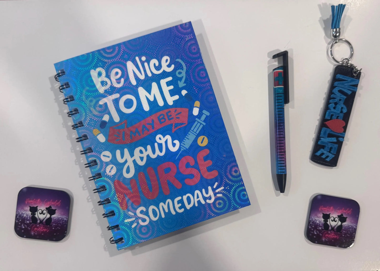 "Be Nice", Blue, Nursing, Notebook, Keychain, Pen, Bundle Pack, Nursing Activity Book Inside