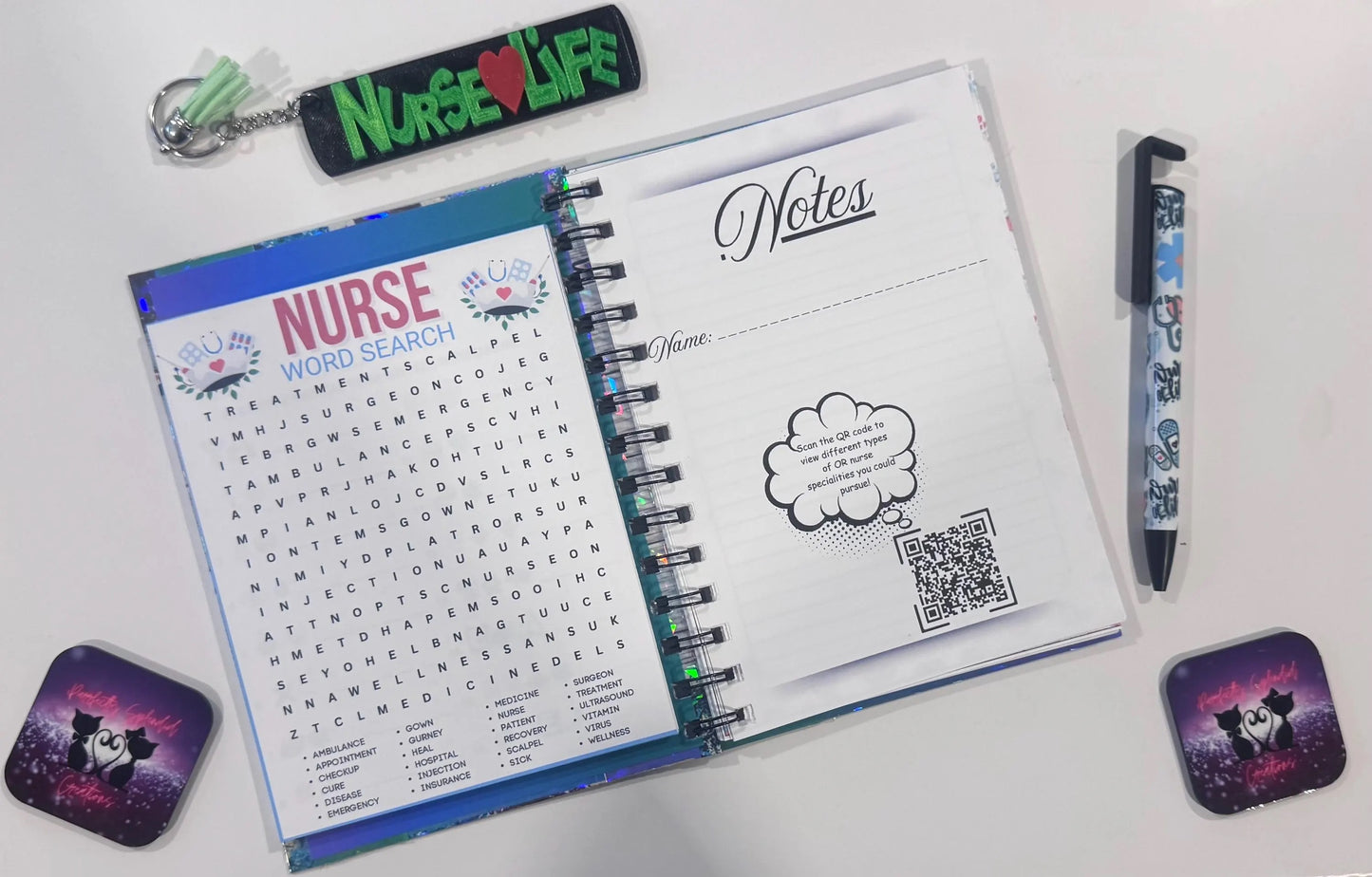 Nursing, Notebook, Keychain, Pen, Bundle Pack, Nursing Activity Book Inside